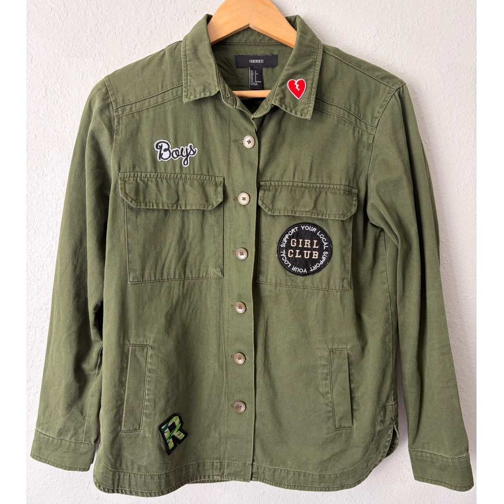 Forever 21 Womens Olive Green Patch Utility Shirt Jacket Size S Never Look Back